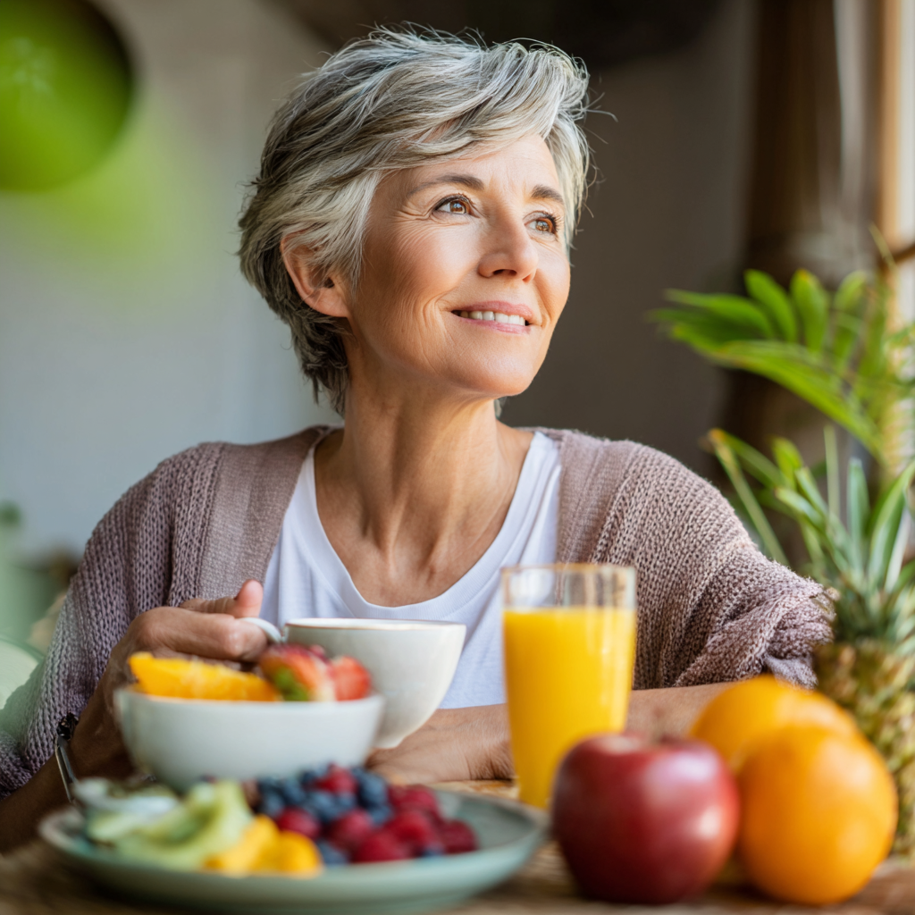 Mature woman enjoying healthy breakfast with fresh fruits and vegetables