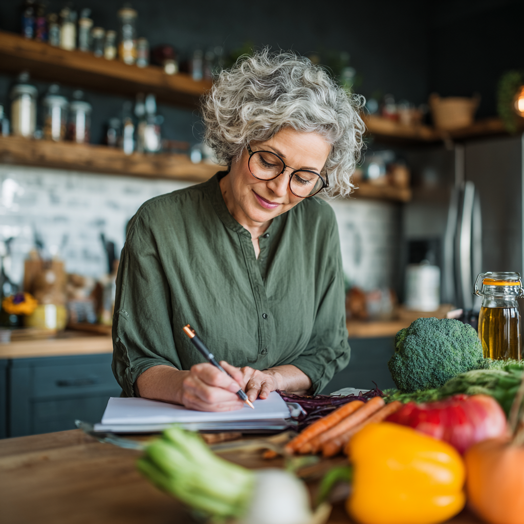 Middle-aged woman planning healthy meals in modern kitchen